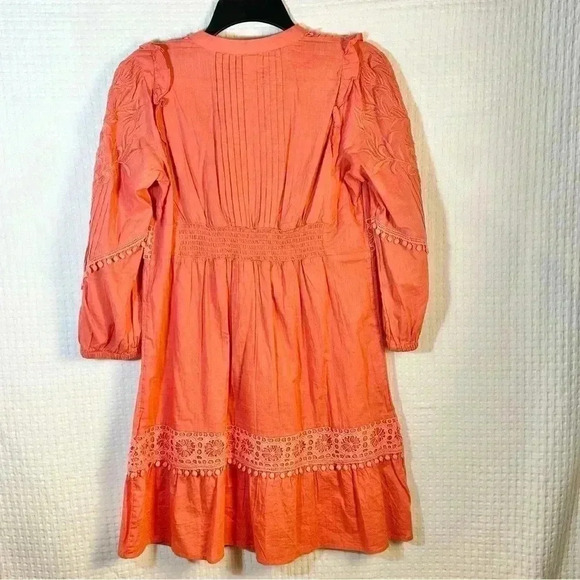 Anthro Akemi + Kin Josephine Small Embroidered Dress Coral 3/4 Sleeve NO SLIP - Picture 3 of 14